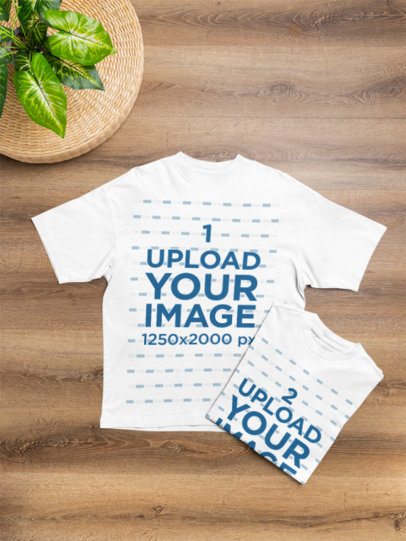 Mockup of Two Oversized T-Shirts Lying on Wooden Floor in a Boho-Inspired Room m54923