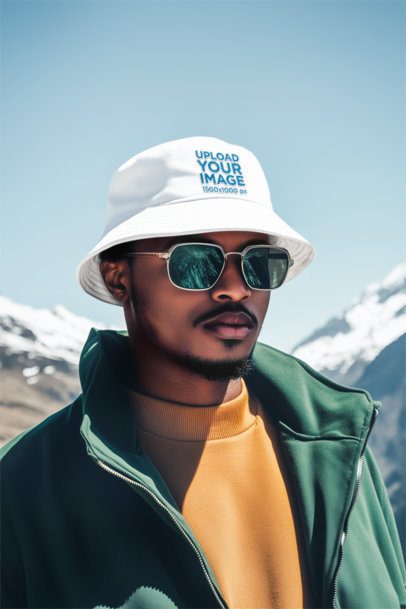 Bucket Hat Mockup Featuring an AI-Created Bearded Man Posing in the Mountains