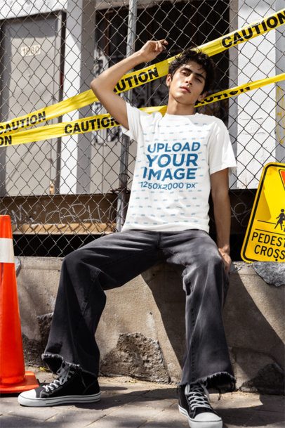 Comfort Colors T-Shirt Mockup of a Man Sitting Against a Mesh Fence With Caution Signs m55816