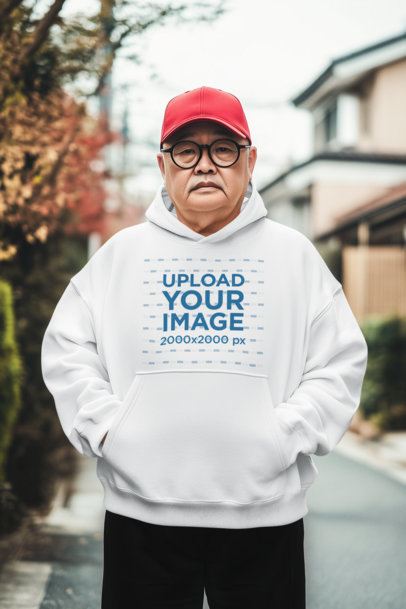 Hoodie Mockup Featuring an AI-Created Elder Man Standing in the Suburbs 