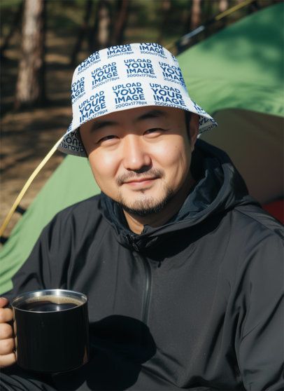 Sublimated Bucket Hat Mockup of an AI-Generated Smiling Man With Coffee While Camping