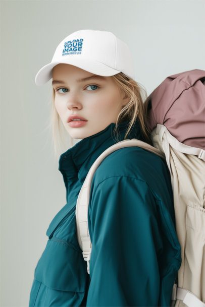 Dad Hat Mockup Featuring an AI-Created Woman Carrying a Camping Bag on Her Back