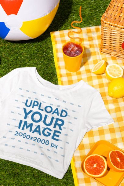 Bella Canvas Mockup of a Crop Top Lying on a Summer Picnic Setting Featuring Fruits and Drinks