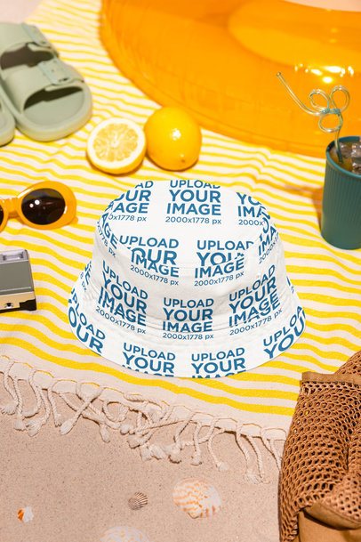 Sublimated Bucket Hat Mockup Featuring a Beach-Inspired Setting m56214