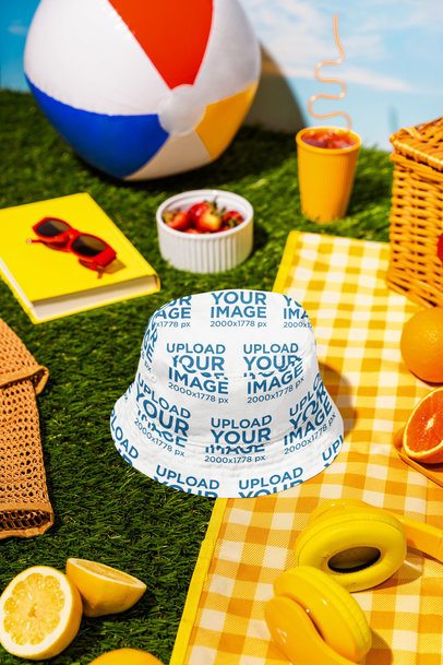 Bucket Hat Mockup Featuring a Summer Theme and a Nice Picnic Setting