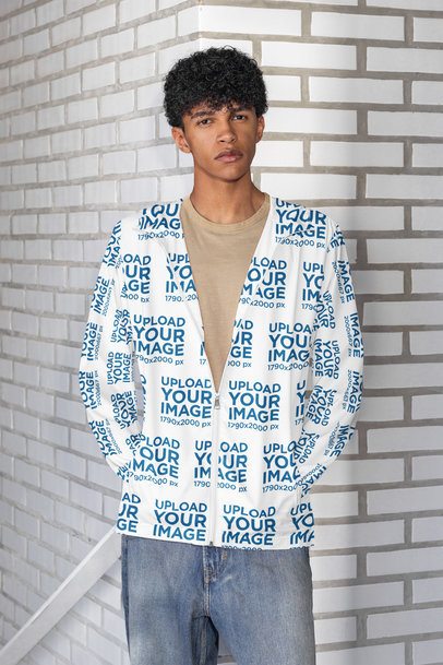 Windbreaker Jacket Mockup of a Serious Man Standing Near a Staircase m56008