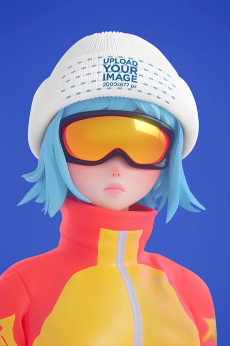 Beanie Mockup of an AI-Generated Woman 3D Character Wearing a Ski Uniform