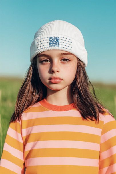 Beanie Mockup Featuring an AI-Created Serious Girl Posing in an Outdoor Setting