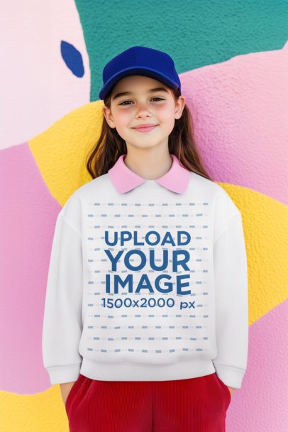 Sweatshirt Mockup of an AI-Generated Girl Standing With a Happy Look Against a Painted Wall