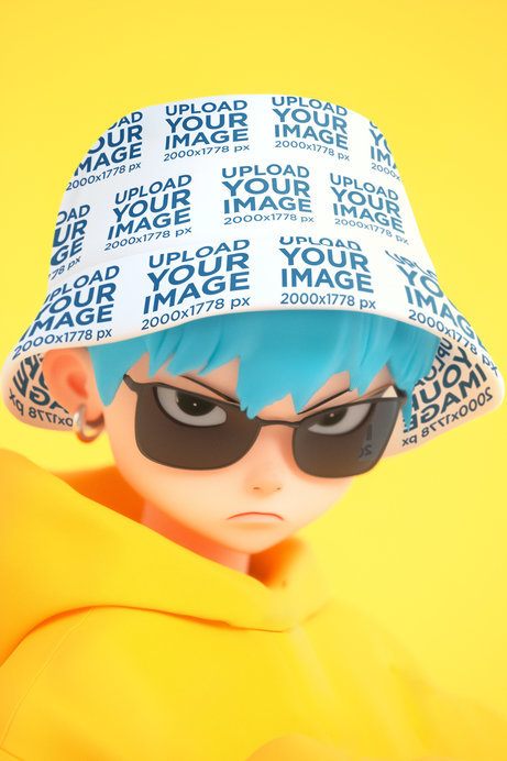 Bucket Hat Mockup of an AI-Generated Angry Woman 3D Character Posing in a Colorful Background