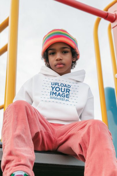 Pullover Hoodie Mockup of an AI-Generated Boy Sitting on a Playground Game