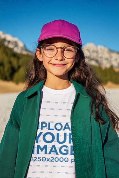 T-Shirt Mockup Featuring an AI-Created Smiling Girl Posing in a Natural Landscape
