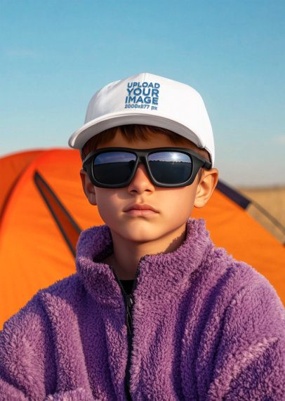 Dad Hat Mockup of an AI-Generated Cool Boy Standing Against a Camping House m56031