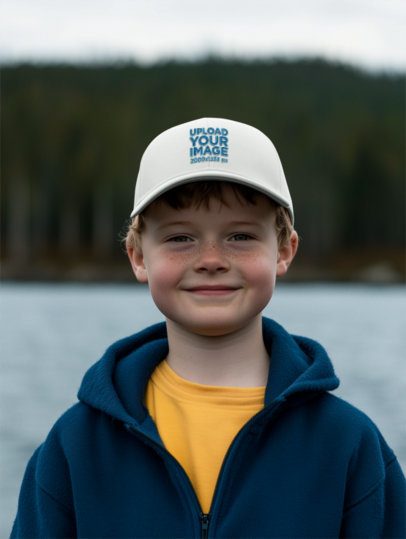 Dad Hat Mockup Featuring an AI-Created Smiling Boy With Freckles Posing Outdoors m56043