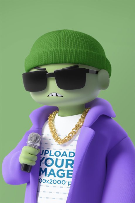 3D Mockup Featuring an AI-Created Character Wearing a T-Shirt While Singing
