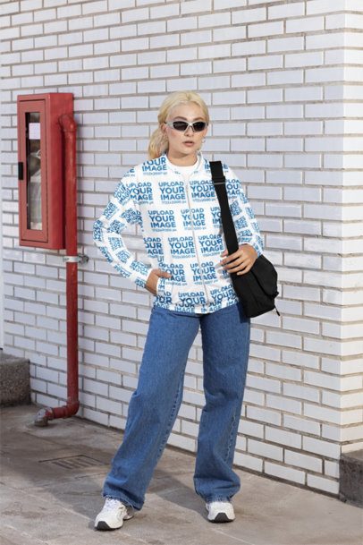 Mockup of a Serious Woman Wearing a Sublimated Bomber Jacket in the Street m55999