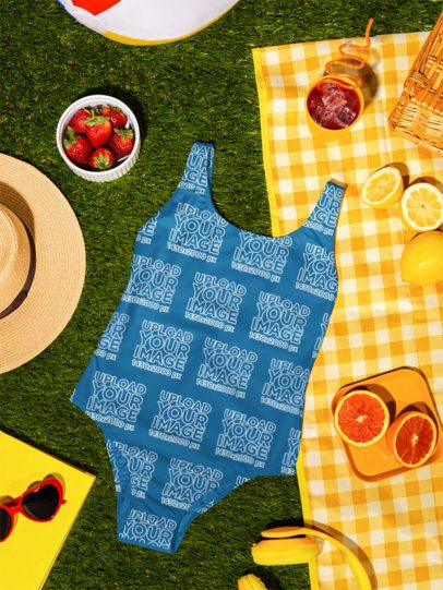 Swimsuit Mockup Featuring a Nice Picnic Setting Surrounded by Fruits and a Drink m56202