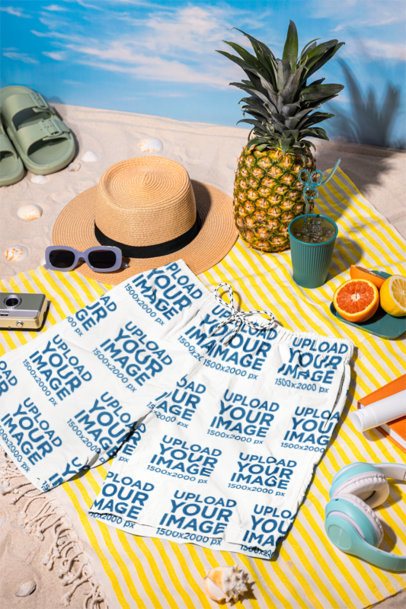 Sublimated Swim Shorts Mockup Featuring a Beach Picnic Setting m56224