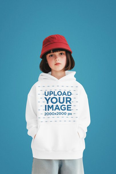 Hoodie Mockup of an AI-Generated Short-Haired Girl Posing in a Studio With a Colorful Backdrop