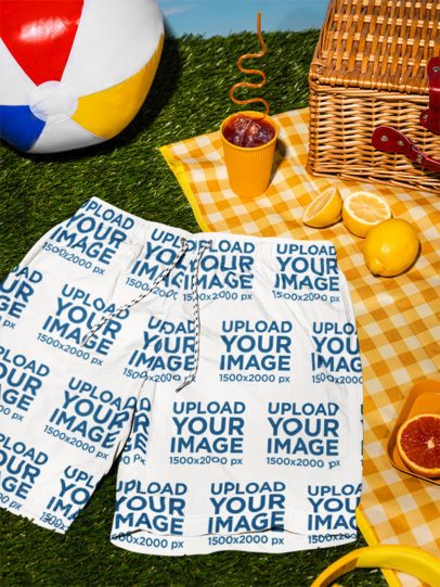 Mockup of a Pair of Swim Shorts Lying on a Picnic Setting m56201
