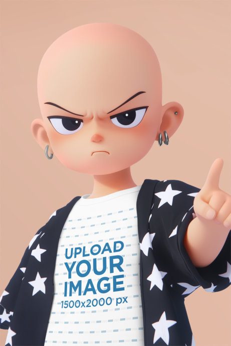 T-Shirt Mockup of an AI-Generated 3D Character Posing With an Angry Expression