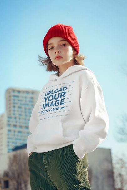 Hoodie Mockup of an AI-Generated Serious Girl Posing Against a City Building m56032