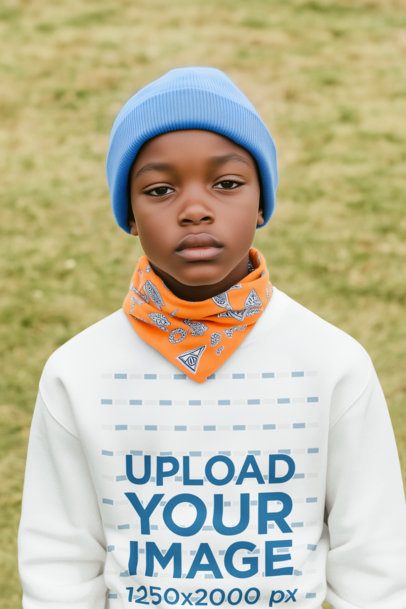 Sweatshirt Mockup Featuring an AI-Created Boy Posing With a Serious Expression