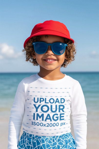 Long-Sleeve Tee Mockup Featuring an AI-Created Cheerful Boy Posing on the Beach m56061