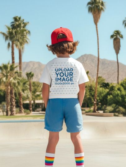 Back-View T-Shirt Mockup of an AI-Generated Boy Posing in a Skate Park