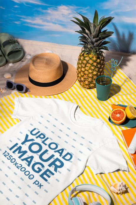 Comfort Colors Mockup Featuring a T-Shirt Placed on a Beach Picnic Setting