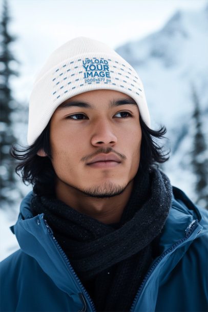 Beanie Mockup Featuring an AI-Created Man Posing in a Snowy Landscape