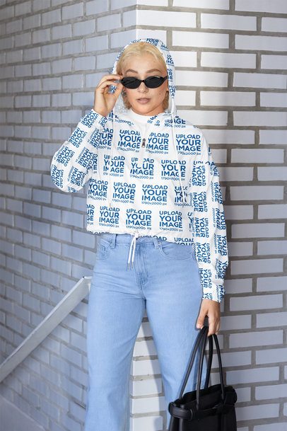 Windbreaker Jacket Mockup Featuring a Woman With Sunglasses Posing Near a Staircase