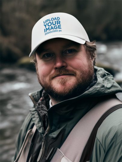 Dad Hat Mockup of an AI-Generated Man With Beard Smiling in an Outdoor Landscape