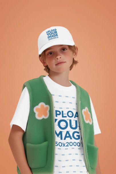 T-Shirt Mockup of an AI-Generated Boy With an Embroidered Dad Hat Posing in a Studio m56037