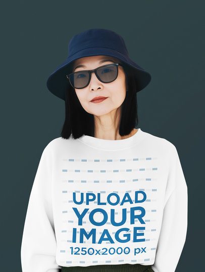 Sweatshirt Mockup of an AI-Generated Elderly Woman Standing Against a Customizable Backdrop