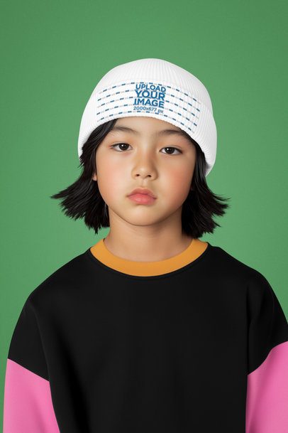 Beanie Mockup Featuring an AI-Created Boy With Serious Expression in a Studio