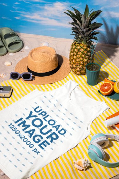 Comfort Colors Mockup Featuring a Tank Top and a Nice Beach Picnic