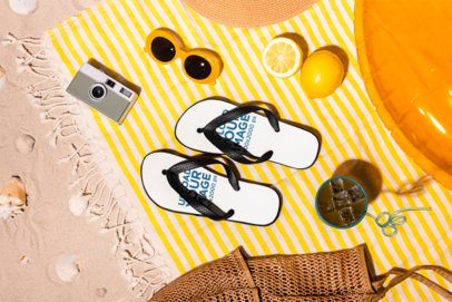 Footwear Mockup Featuring a Pair of Flip Flops Placed in a Beach Picnic Setting