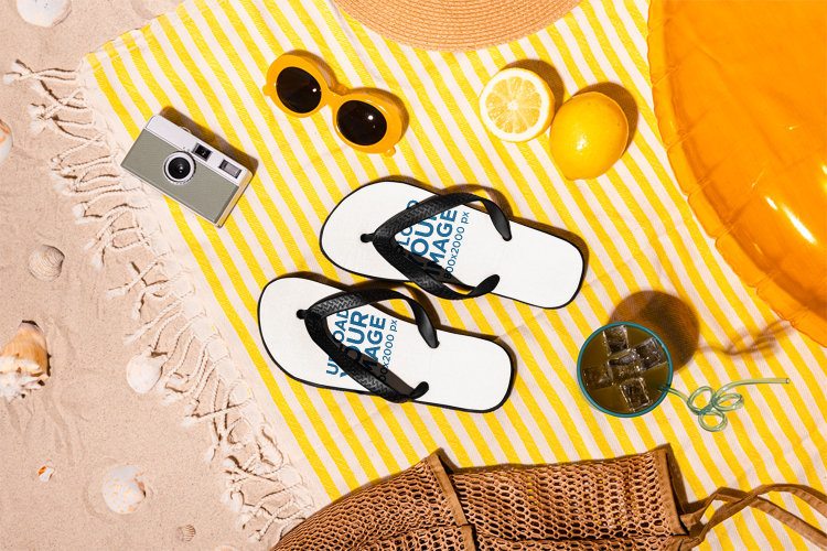 Footwear Mockup Featuring a Pair of Flip Flops Placed in a Beach Picnic Setting