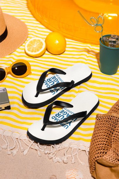 Mockup of a Pair of Flip Flops Placed in a Beach Picnic Setting