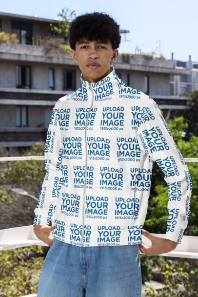 Track Jacket Mockup of a Man With Jeans Posing on a Terrace