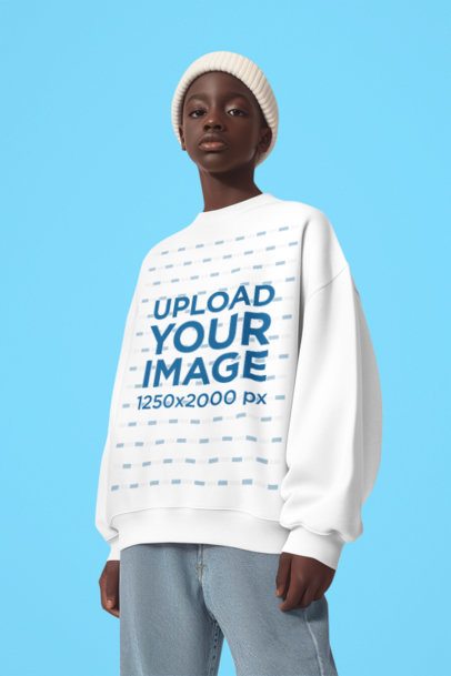 Mockup of an AI-Generated Boy Posing in a Studio With a Crewneck Sweatshirt