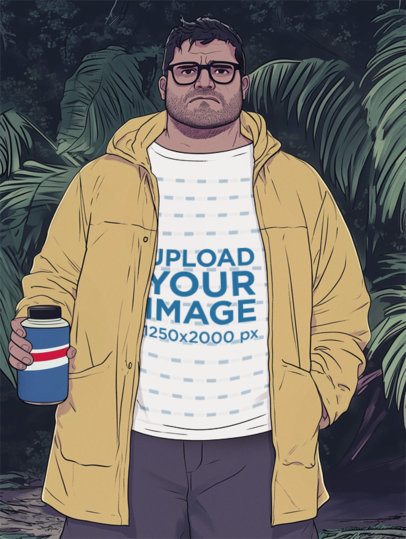 T-Shirt Mockup of an AI-Generated Man Illustration Inspired by a Dinosaur Park Movie m56084