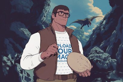 Sweatshirt Mockup of an AI-Generated Man Graphic Holding a Dinosaur Egg m56090