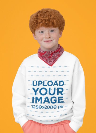 Sweatshirt Mockup of an AI-Generated Smiling Boy Posing Against a Colorful Backdrop