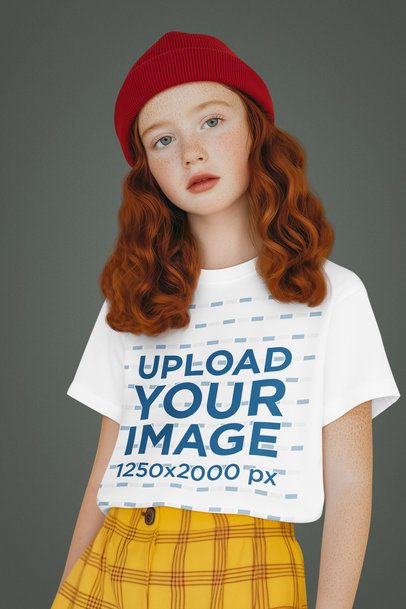 T-Shirt Mockup of an AI-Generated Girl With Freckles Standing Against a Customizable Background m56028