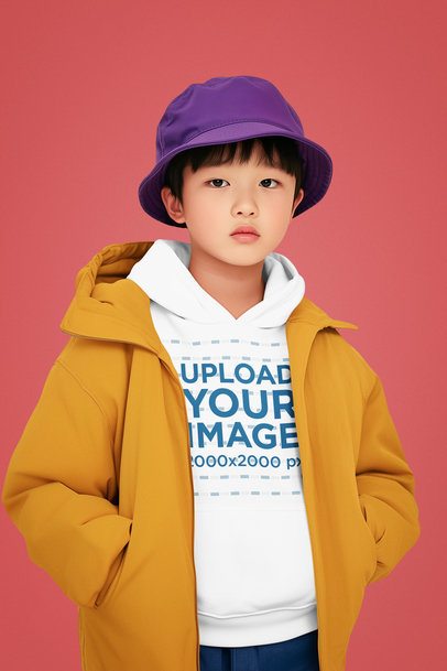 Hoodie Mockup of an AI-Generated Boy Posing With a Serious Expression in a Studio