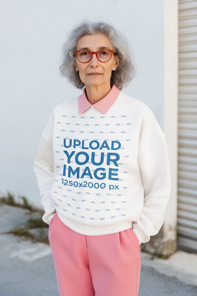 Sweatshirt Mockup Featuring an AI-Created Senior Woman Standing on a Sidewalk