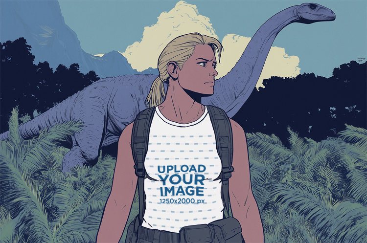 Tank Top Mockup Featuring an AI-Created Woman Graphic in a Dinosaur Park Movie-Inspired Landscape