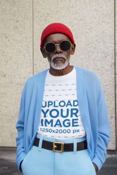 T-Shirt Mockup of an AI-Generated Man Posing in the Street With a Cool Outfit